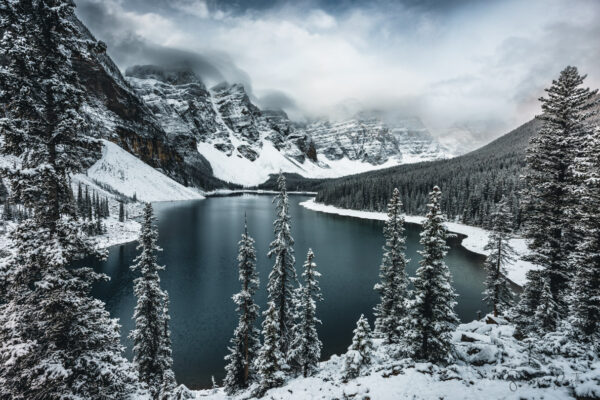 Moraine Lake Covered in Snow